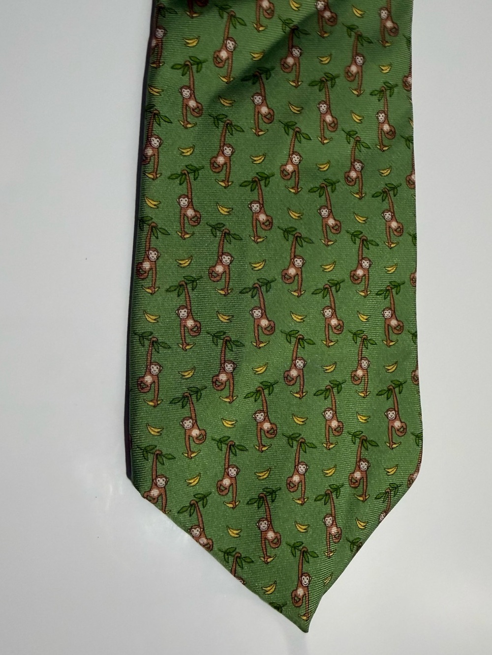 Brooks Brothers Green Italian Silk Tie w/ Dangling Monkey/ Banana Motif